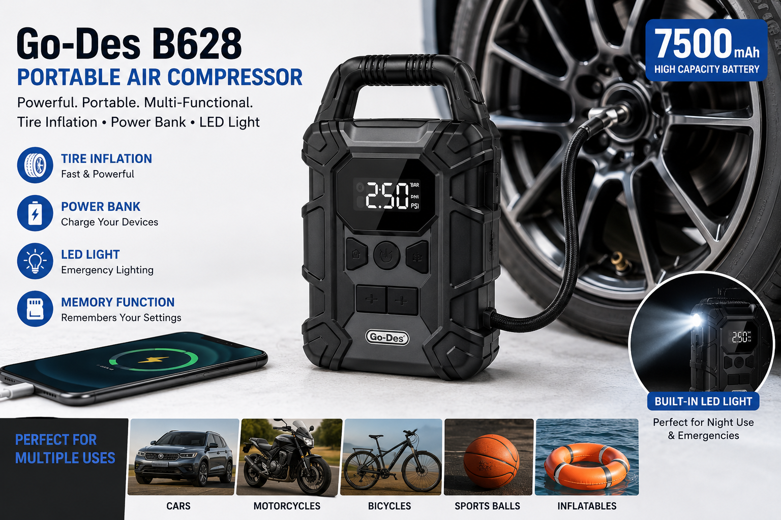 Go-Des B628 Smart Portable Air Compressor 7500mAh 6